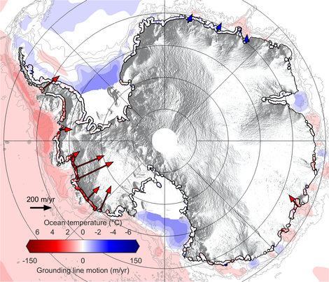 Map showing rates of grounding line migration and their coincidence with ocean conditions around Antarctica between 2010 and 2016 (seabed temperatures: Locarnini et al., 2013. World Ocean Atlas 2013, Volume 1: Temperature. S. Levitus, Ed., A. Mishonov Technical Ed.; NOAA Atlas NESDIS 73, 40 pp.). Grounding line locations are from Rignot et al., 2013, Science 341 (6143), pp. 266-270.